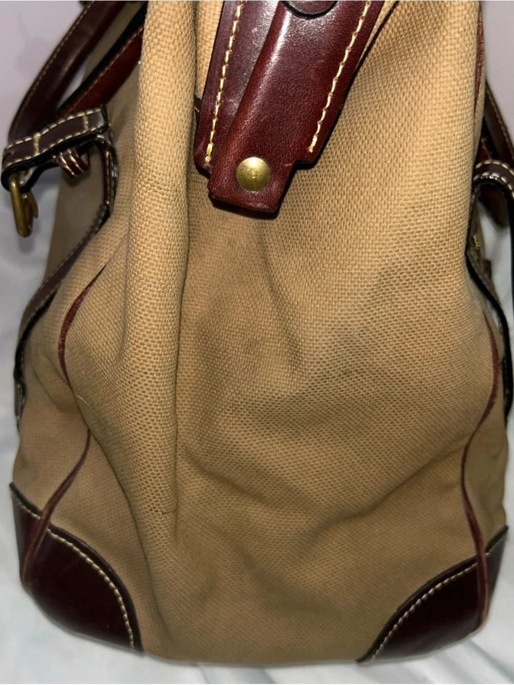 Mulholland Large Canvas Leather Duffle Weekender Bag Khaki Tan Vintage Lock READ